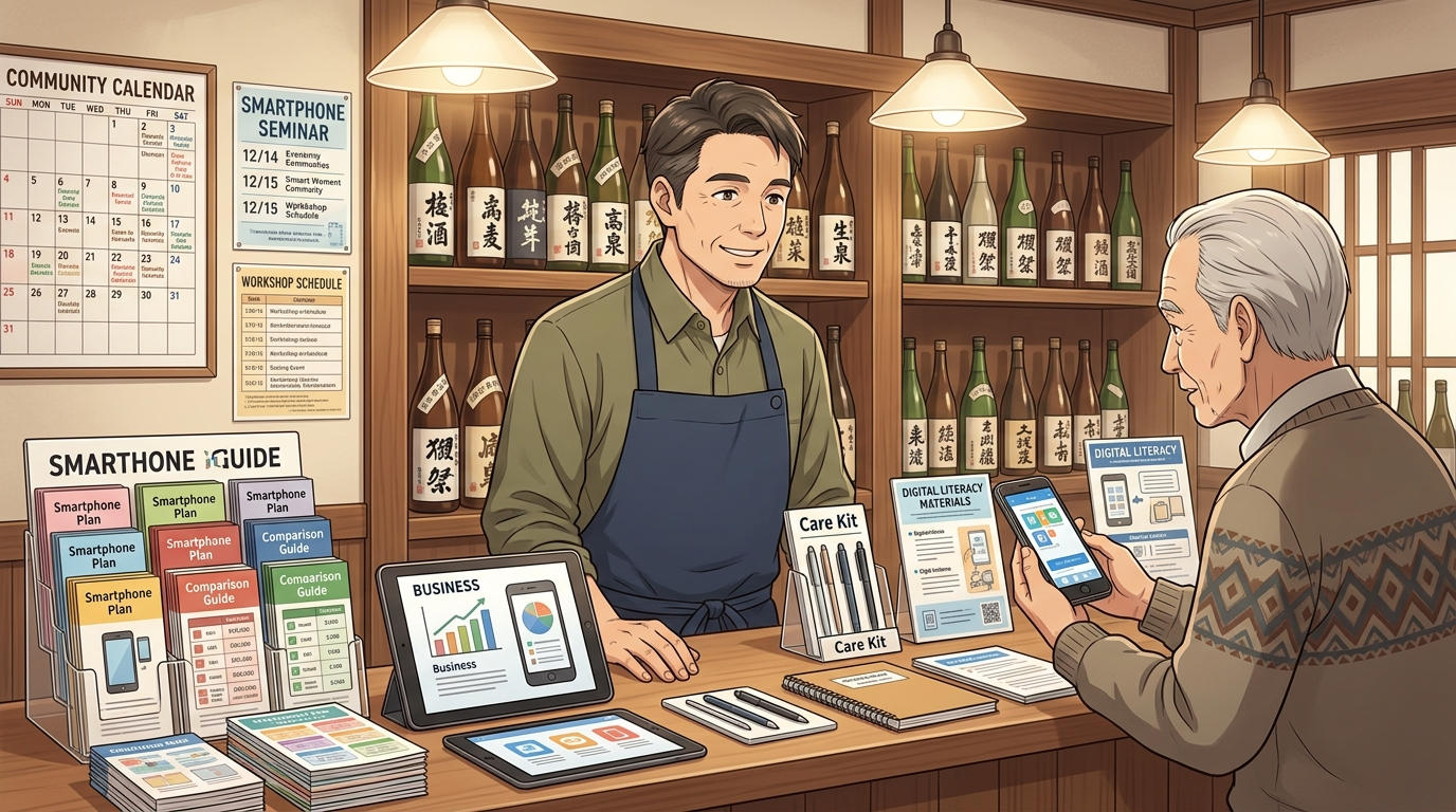 かしはら酒店でスマホ相談をしているイメージ — 高齢のお客様が店頭で店主にスマートフォンを見せながら相談している様子